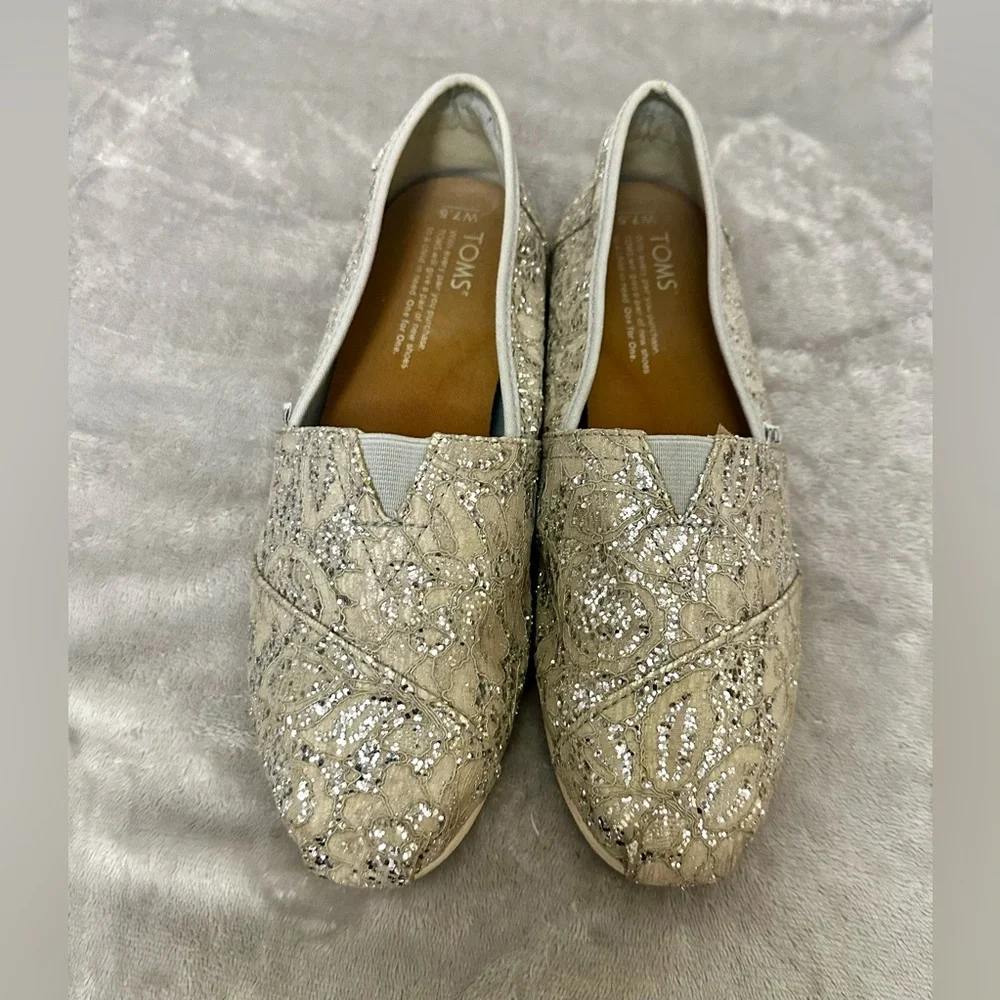 TOMS Silver Lace Glitz Glitter Classic Alpargata Slip-On Shoes